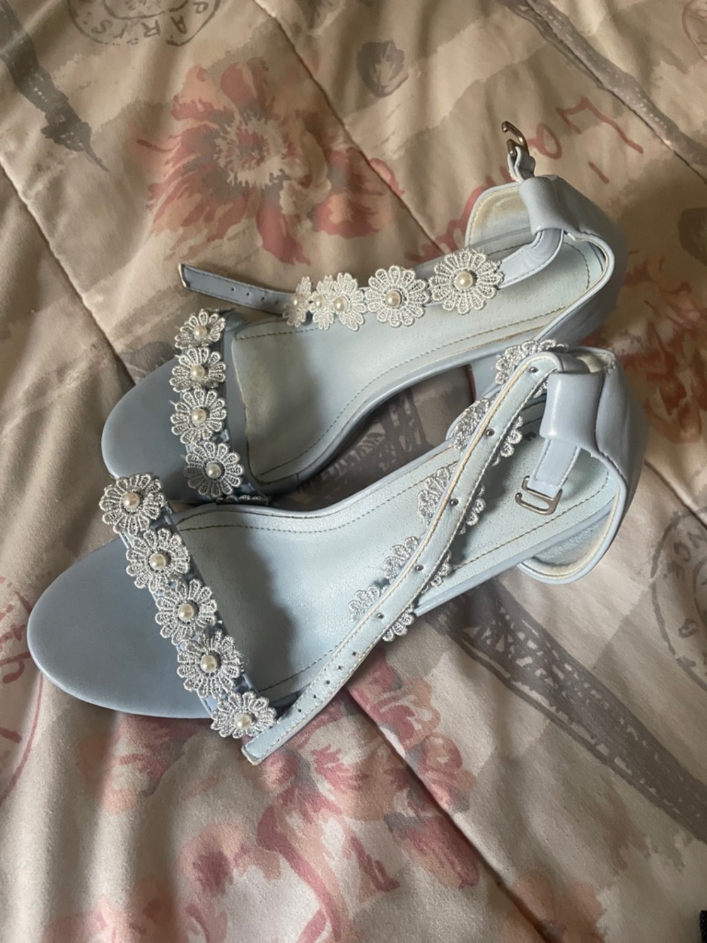 Women's Light Blue Floral Applique Ankle Strap Sandals